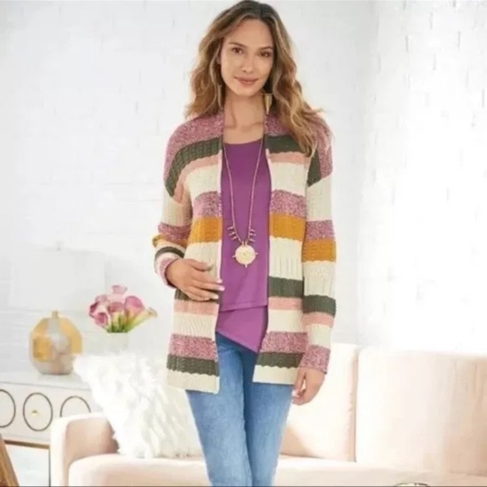 Soft Surroundings Striped Cardigan Sweater Women’s XL Multi Colored Coastal Knit